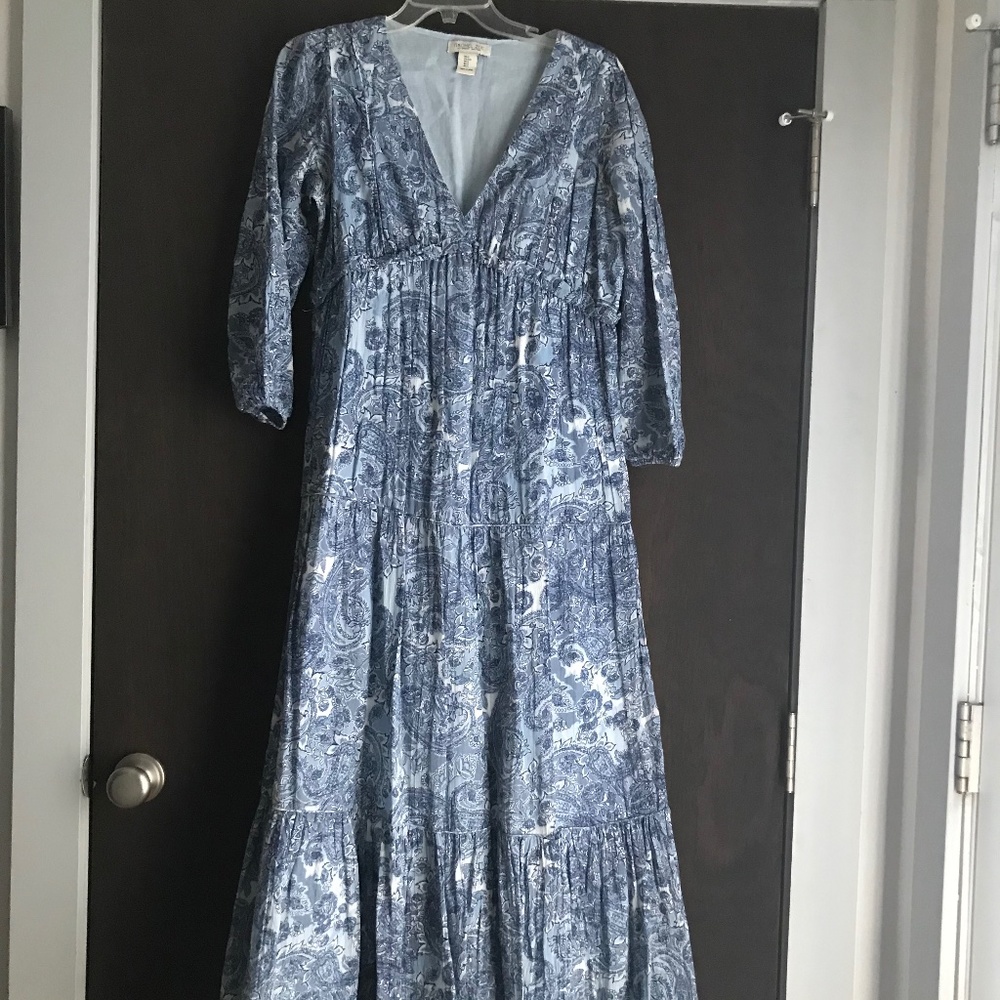Rachel Zoe Blue White Floral Long Sleeve Cotton A Line Spring Dress